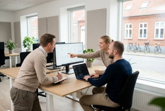 Skandinavisk team arbejder med webdesign og SEO på kontor i Hellested
