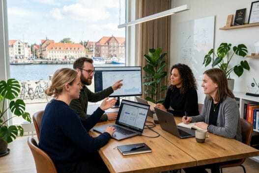 Dansk webbureau i Helsingør med team ved computer og digitale dashboards