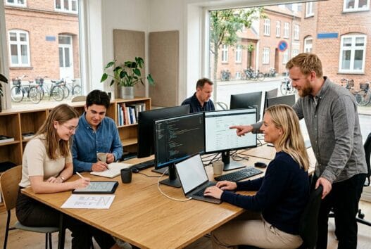 Skandinavisk webbureau i Helstrup med team foran computer og dashboards i moderne kontor