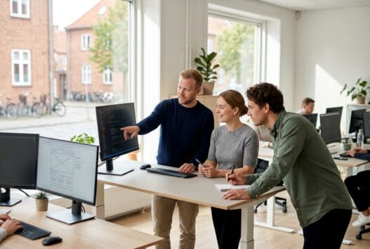 Realistisk team i hem arbejder med webdesign, SEO og data i et moderne skandinavisk kontor