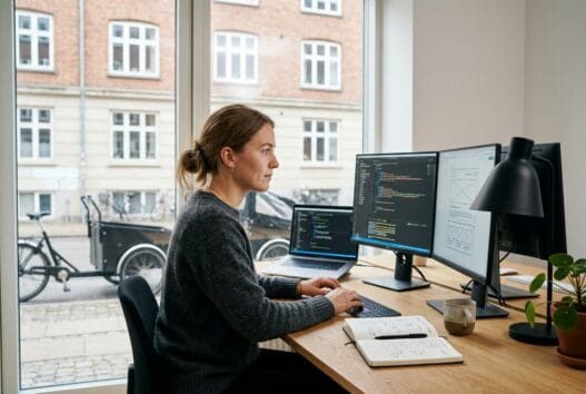 Skandinavisk webbureau i Hemmet med team ved computere og digitale dashboards