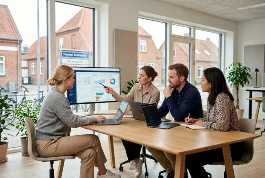 To skandinaviske kolleger arbejder ved en computer i et moderne webbureau i Henne Stationsby