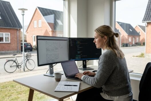 Moderne webbureau i Herborg med dansk team foran computer og dashboards i lyst kontormiljø