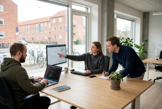 Moderne webbureau i Herlev med dansk team, der arbejder ved computere med data og design