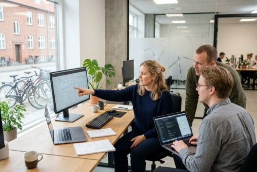 Team arbejder med webdesign og digitale dashboards på et moderne kontor i herrestrup