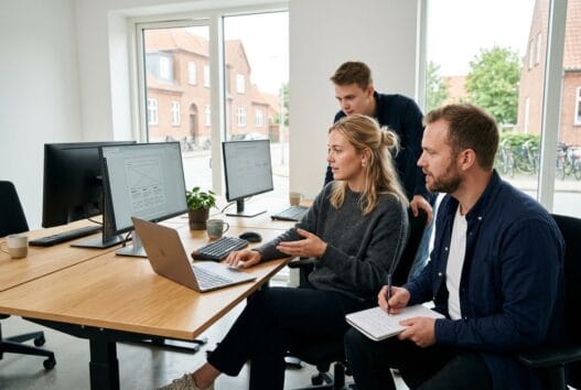 Dansk webbureau i Herringløse med team ved computere og digitale dashboards