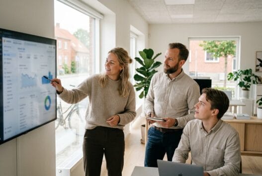 Dansk webbureau i Herskind med team, der arbejder ved computere i et lyst, moderne kontor