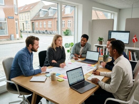 Moderne webbureau i Hillerød med dansk team foran skærme og digitale dashboards