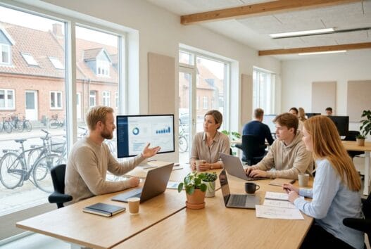 Moderne webbureau i Hillerslev med dansk team ved computer og digitale skærme