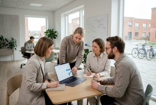 Moderne webbureau i Hinnerup med dansk team foran computer og digitale dashboards