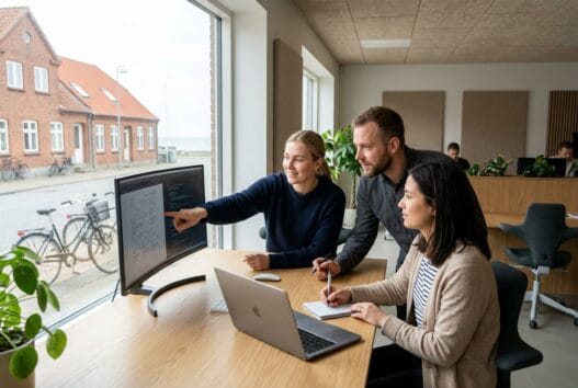 Moderne webbureau i Hirtshals med dansk team, der arbejder med digitale løsninger ved computer