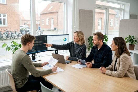 Skandinavisk team arbejder med webdesign og data på kontor i Hjallerup