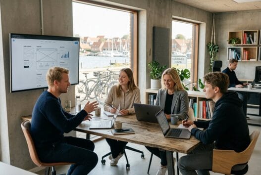 Skandinavisk webbureau i hjarbaek med team ved computer og dashboards i et lyst kontor