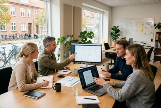 Moderne kontormiljø med danske medarbejdere, der arbejder med webdesign og SEO i Hjordkær