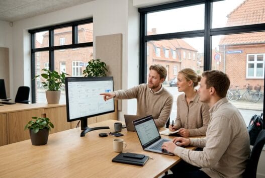 Dansk webbureau i Hjortshøj med team foran skærme og digitale dashboards i lyst kontormiljø