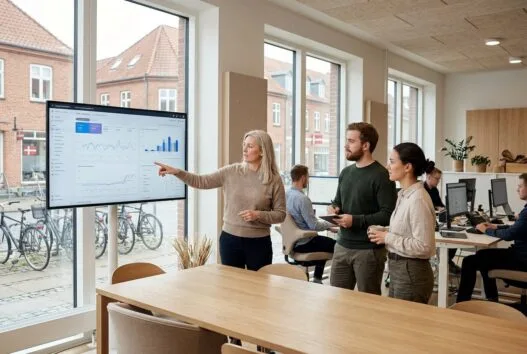 Moderne webbureau i Hobro med dansk team foran skærme og digitale dashboards