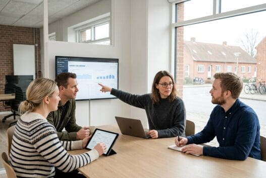 Webbureau i hodsager med danske medarbejdere ved computer og digitale dashboards i moderne kontor