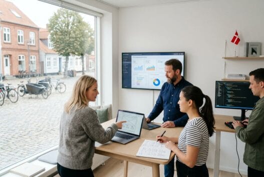 Moderne webbureau i højer med dansk team foran computere og digitale dashboards