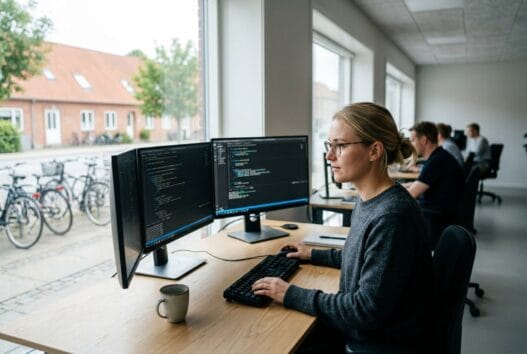 Moderne webbureau i Høll med team foran skærme, der arbejder med webdesign, SEO og digital udvikling