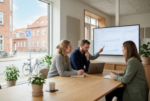 Webbureau i Høm med dansk team foran skærme og dashboards i et lyst, moderne kontor