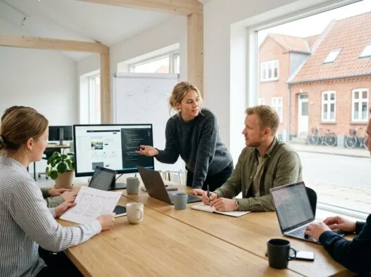 Moderne webbureau i Høng med team ved computer og dashboards i lyst kontormiljø