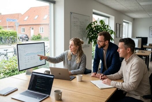 Dansk webbureau i Hønsinge Lyng med team foran skærme og digitale dashboards