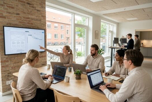 Moderne webbureau i Hørning 8362 med dansk team, der arbejder ved computer i lyst kontor