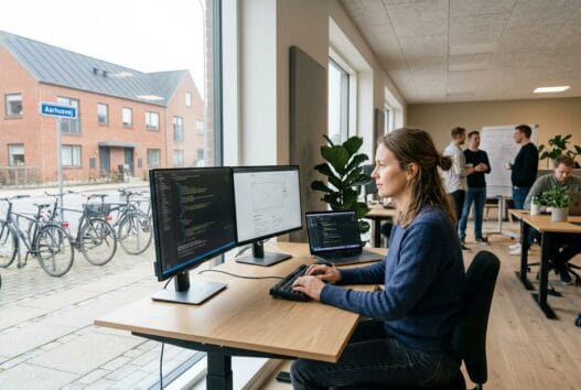 Skandinavisk webbureau-team arbejder ved computere i Hørning (8960) med digitale dashboards