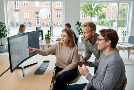 Skandinavisk team arbejder med webdesign og digitale analyser på kontor i Hørsholm