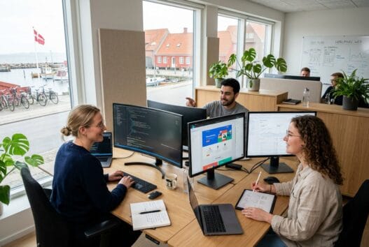 Moderne webbureau i Høruphav med skandinavisk team, der arbejder ved computer i lyst kontormiljø