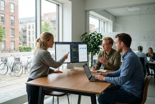 Moderne webbureau i Højslev med skandinavisk team foran computer og digitale dashboards