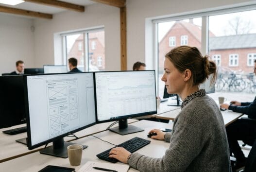 Dansk webdesigner arbejder ved computer i højslev stationsby med dashboard og naturligt lys