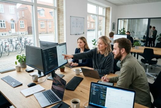 Moderne webbureau i Holeby med dansk team, computerarbejde og digitale dashboards