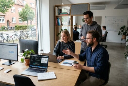 Webbureau i Hølløselund med team ved computer og digitale dashboards i moderne kontormiljø