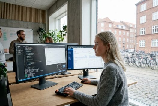 Moderne webbureau i holm med dansk team ved computere og digitale dashboards