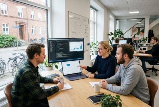 Skandinavisk webbureau i holmstrup med team ved computer og digitale dashboards