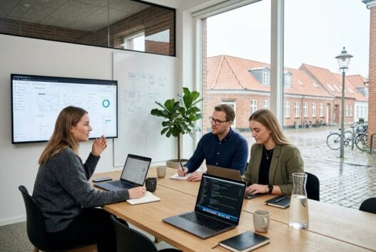 Moderne team arbejder med webdesign og data i et lyst kontor i Holstebro