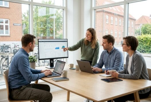 Realistisk hero-billede af et dansk webbureau i Holsted med teamarbejde ved computer og dashboards