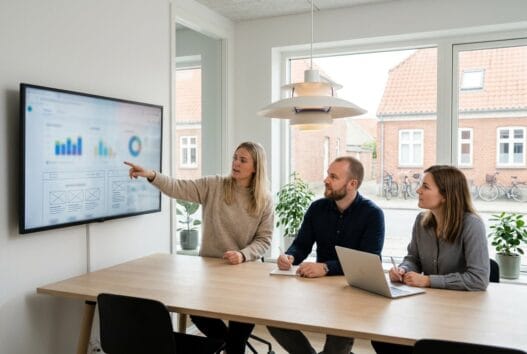 Moderne webbureau i holtug med danske kolleger, der arbejder ved computer i lyst kontor