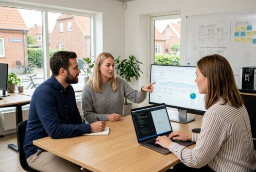 Dansk webbureau i Hoptrup med team ved computer, der arbejder med design, kode og digitale kampagner