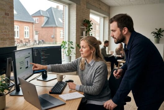 Moderne webbureau i Horbelev med dansk team ved computer og digitale dashboards
