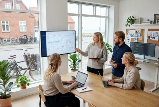 Moderne webbureau i hornbaek-dronningmoelle med dansk team, der arbejder ved computer i lyst kontor
