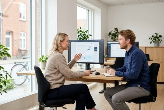 Moderne webbureau i Hornslet med dansk team foran skærme og dashboards