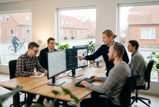 Moderne webbureau i Hornum med dansk team, der arbejder ved computer med digitale dashboards