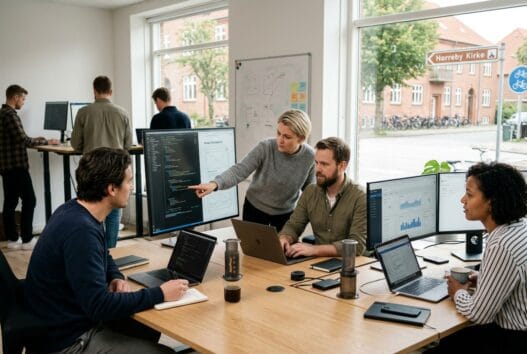 Skandinavisk webteam arbejder ved computere i moderne kontor i horreby