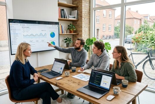 Moderne webbureau i Hostrupskov med dansk team foran computer og digitale dashboards