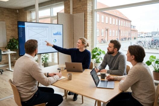Dansk webbureau i Hou med team ved computer og digitale dashboards i moderne kontor