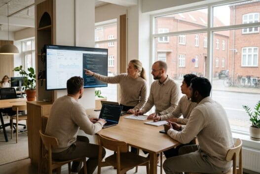 Moderne kontormiljø med skandinaviske medarbejdere, der arbejder med digital marketing i hovborg