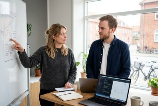 Dansk webbureau i Hovedgård med team ved computere og digitale dashboards