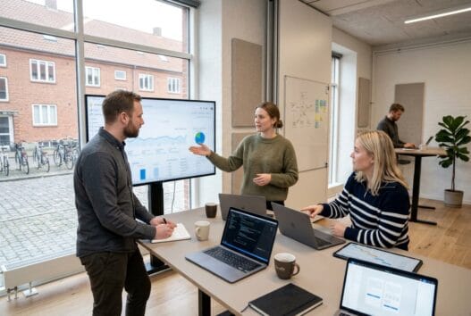 Dansk webteam arbejder med design og data på kontor i Hovslund Stationsby